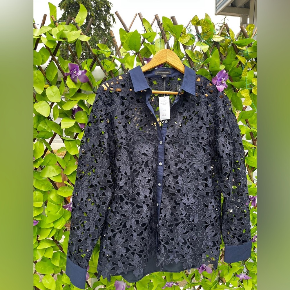 Banana Republic Navy Floral Eyelet Blazer Jacket